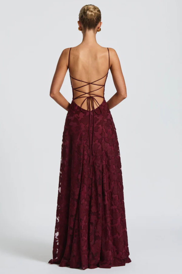 Vestito lungo donna spalline sottili scollo a cascata schiena scoperta con lacci