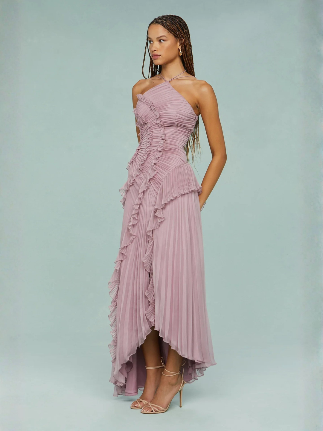 Vestito lungo donna collo all’americana plissettato con volant asimmetrici scollatura sulla schiena