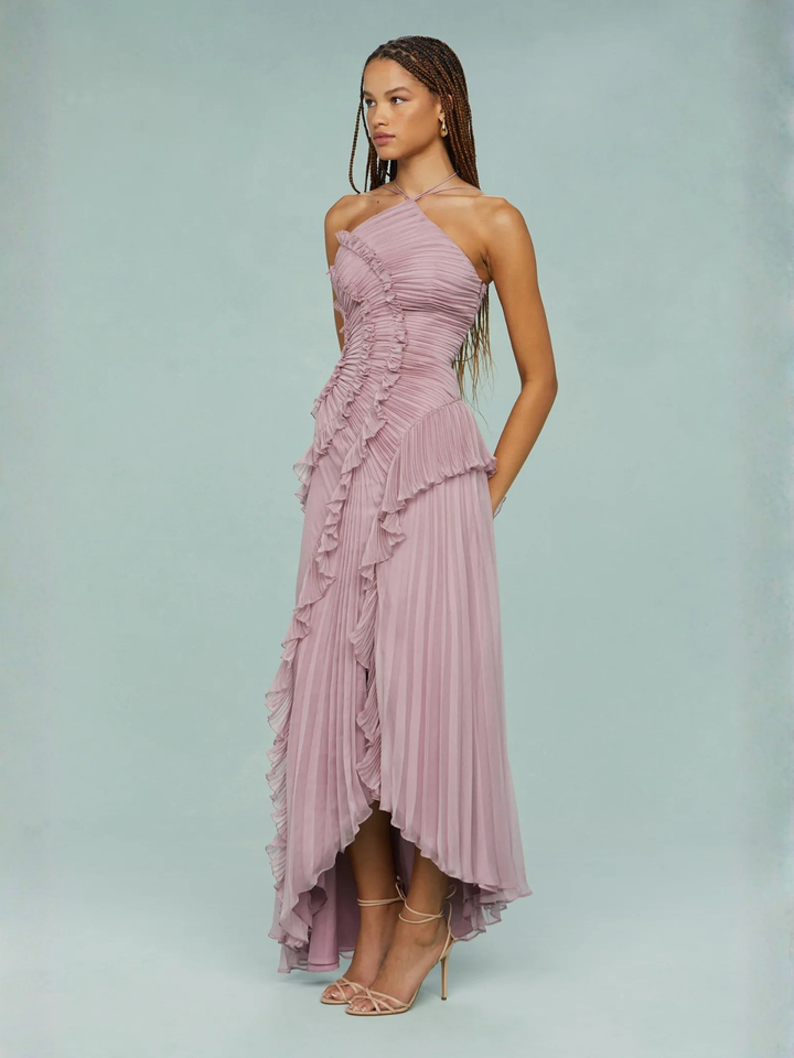 Vestito lungo donna collo all’americana plissettato con volant asimmetrici scollatura sulla schiena