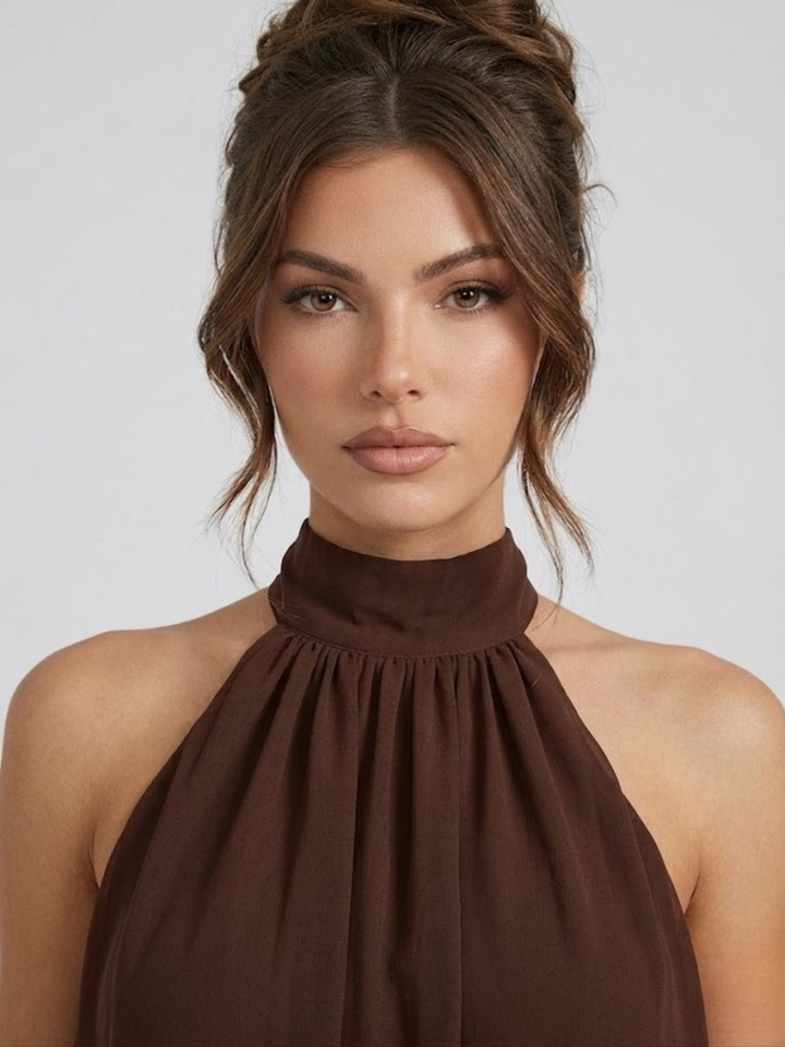 Vestito corto da donna con collo alto all'americana, schiena nuda e volant a balze