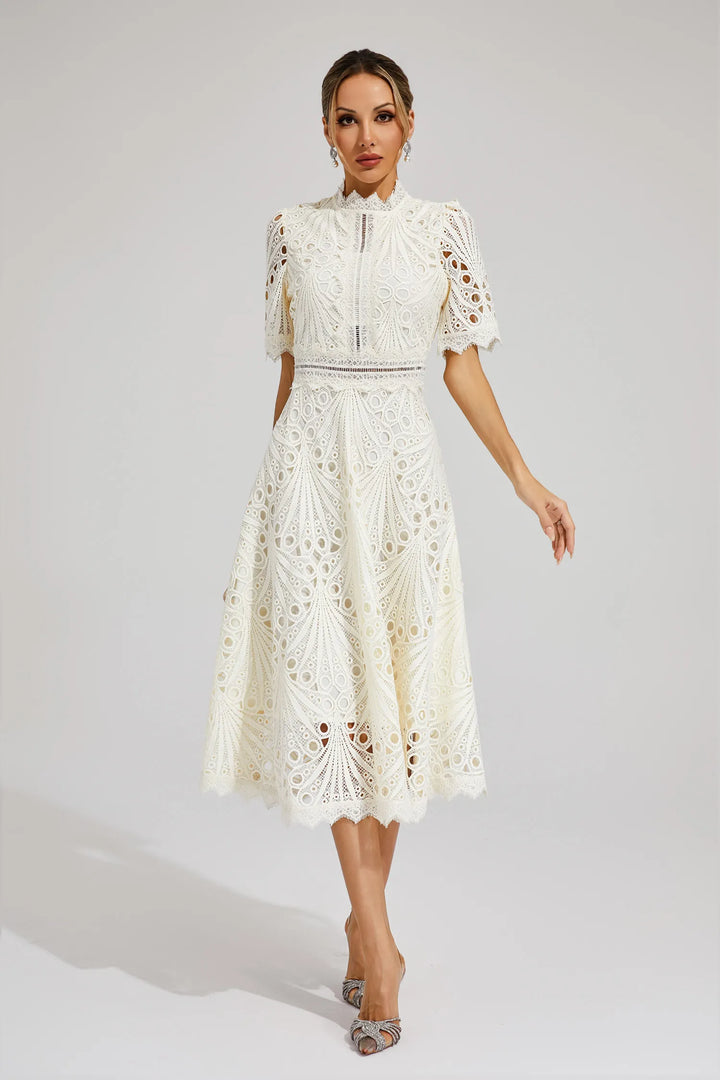 Abito midi da donna con collo alto, pizzo traforato, vita aderente, maniche corte