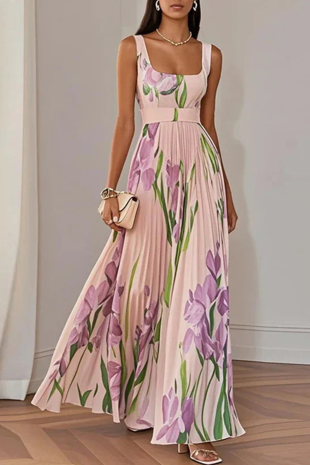 Vestito lungo da donna multicolore, scollo quadrato, plissé, floreale, senza maniche