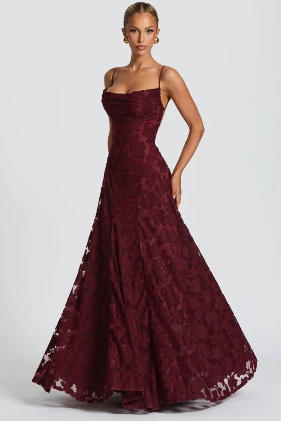 Vestito lungo donna spalline sottili scollo a cascata schiena scoperta con lacci