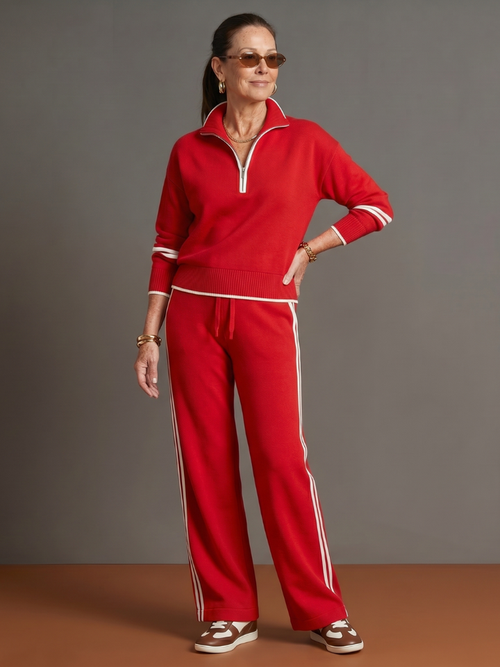 Lorenza | Set con Top a Maniche Lunghe con Zip e Pantaloni a Gamba Larga con Striscia Laterale