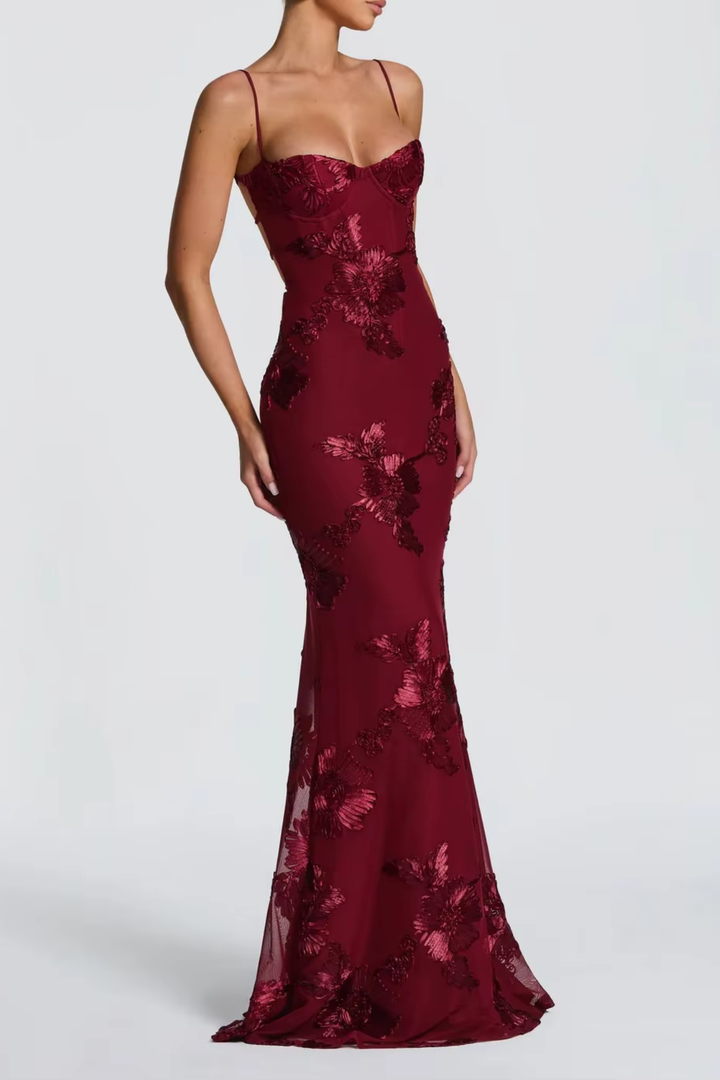 Vestito lungo donna bustier schiena scoperta con lacci ricami floreali a tubino