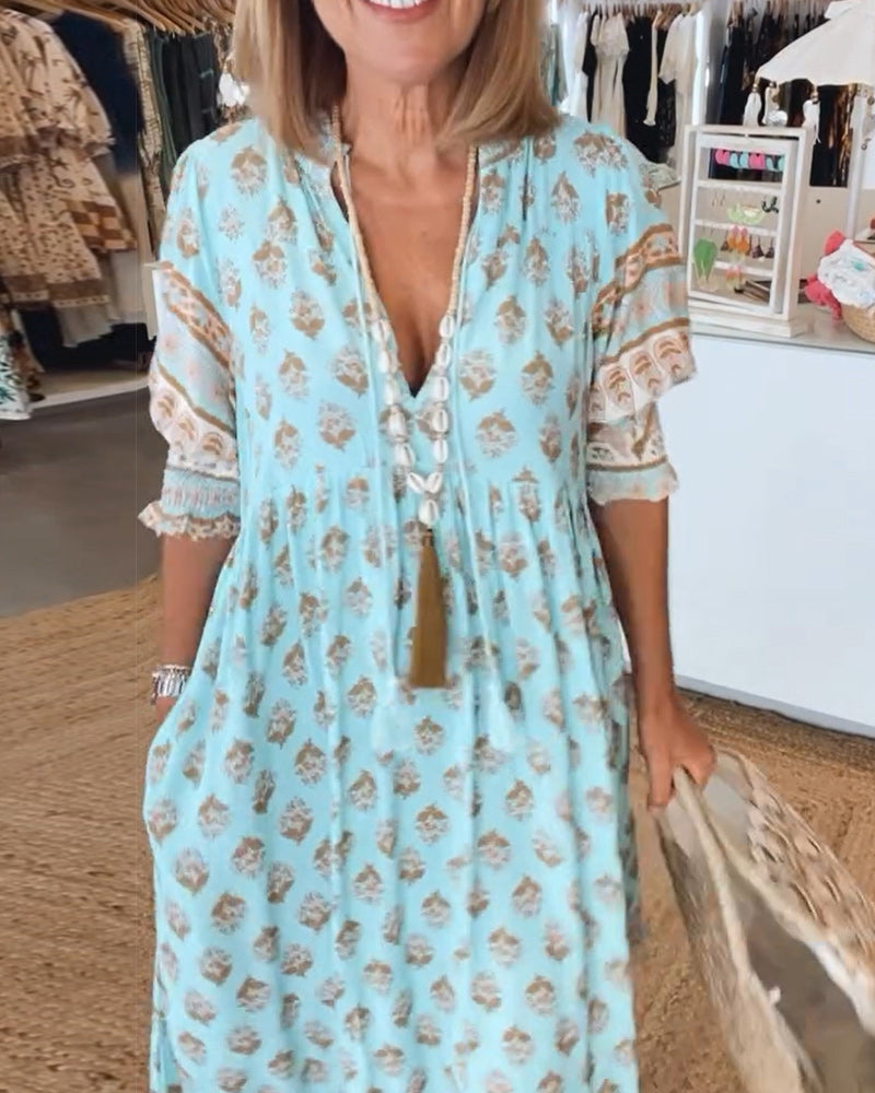 Abito midi da donna multicolore con scollo a V, maniche 3/4, stampa e volant
