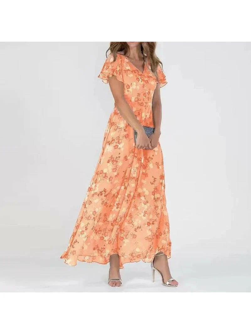 Vestito lungo da donna multicolore con stampa floreale scollo a V maniche a balze