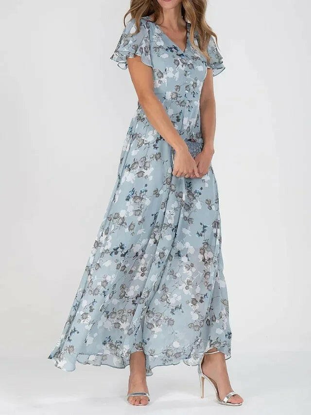 Vestito lungo da donna multicolore con stampa floreale scollo a V maniche a balze