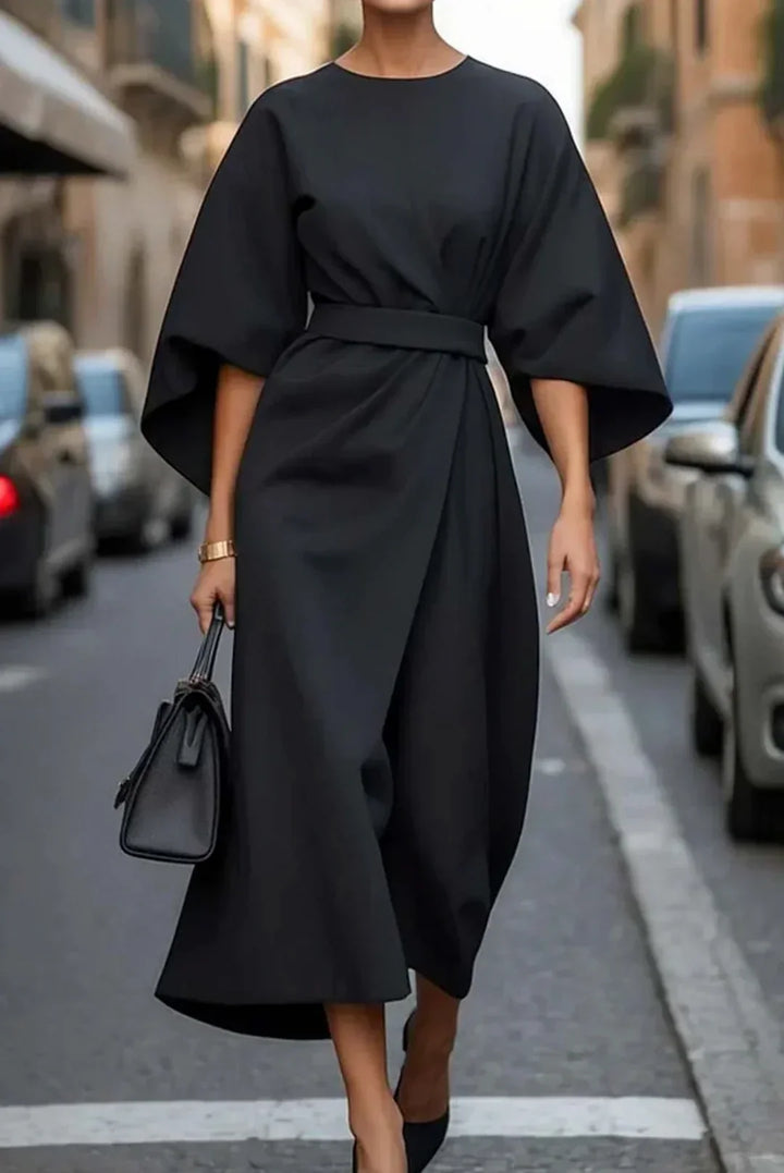 Abito midi donna con cintura maniche a lanterna modello a portafoglio