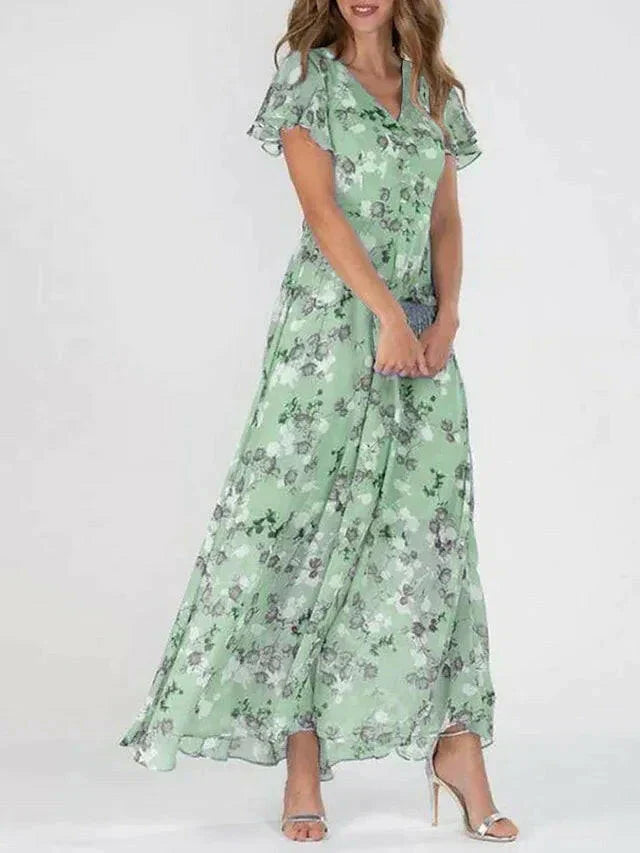 Vestito lungo da donna multicolore con stampa floreale scollo a V maniche a balze