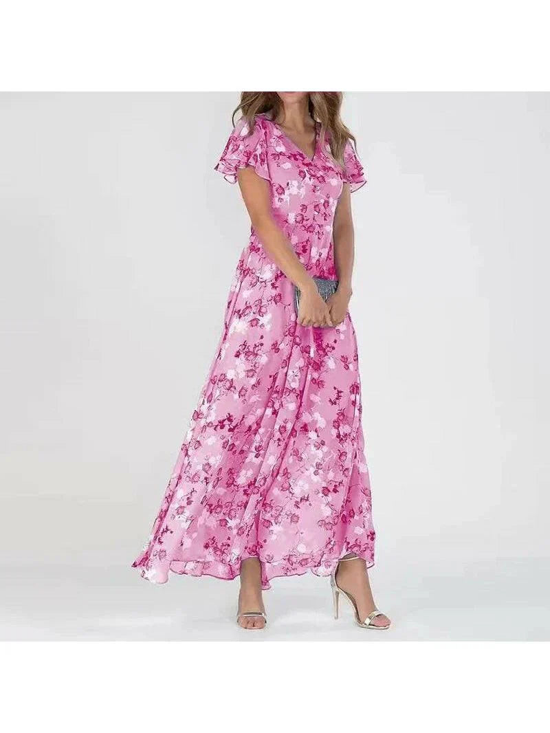 Vestito lungo da donna multicolore con stampa floreale scollo a V maniche a balze