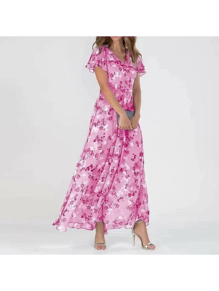 Vestito lungo da donna multicolore con stampa floreale scollo a V maniche a balze