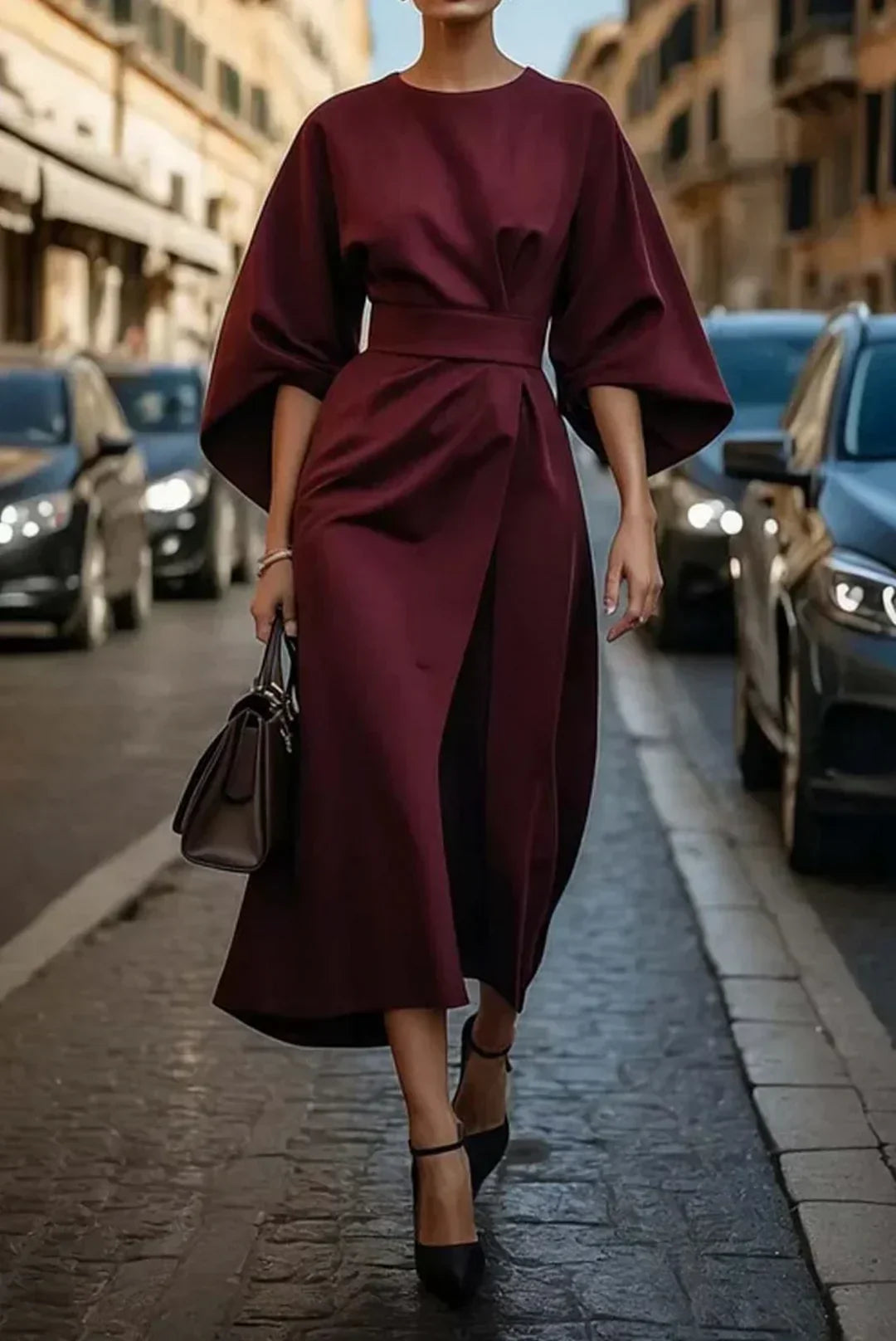 Abito midi donna con cintura maniche a lanterna modello a portafoglio