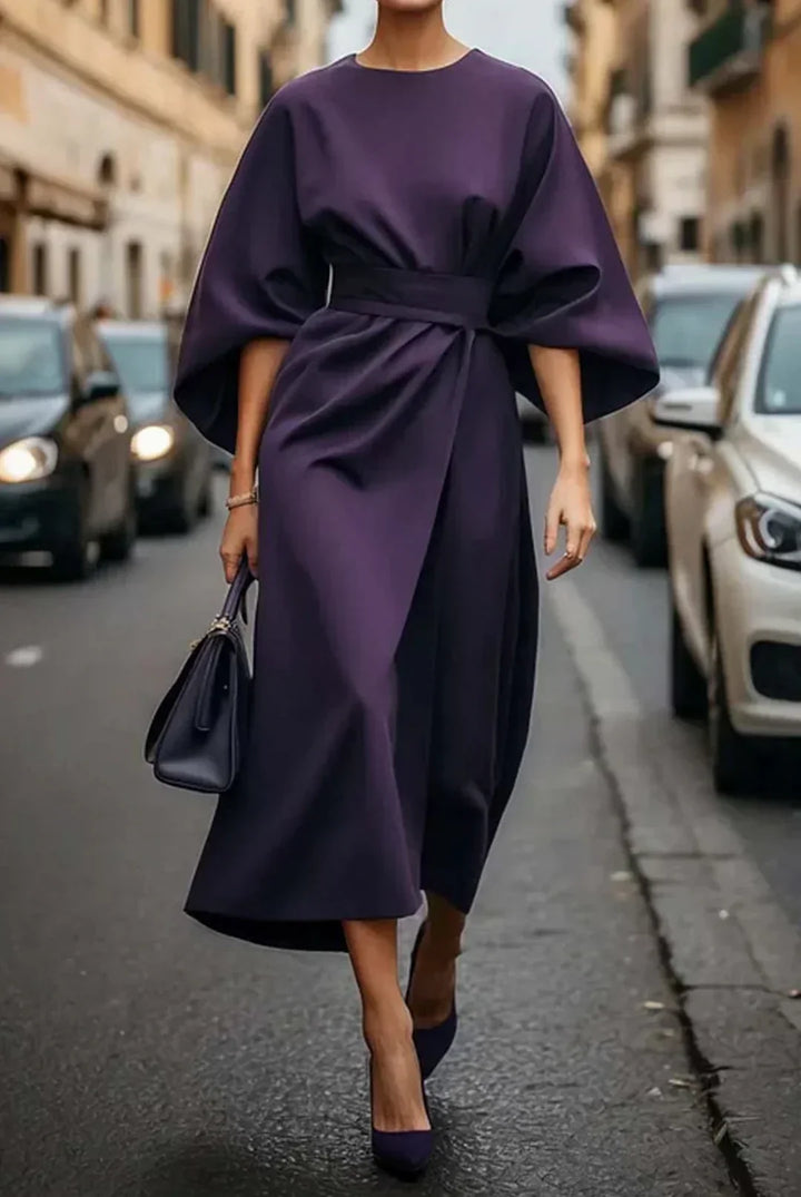Abito midi donna con cintura maniche a lanterna modello a portafoglio