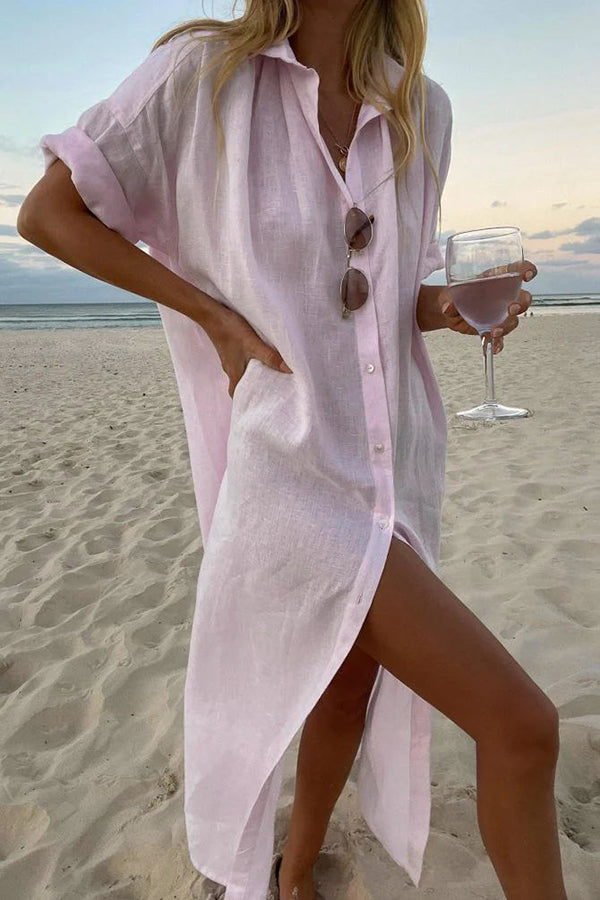 Abito midi da donna stile camicia, taglio ampio, colletto classico, maniche corte
