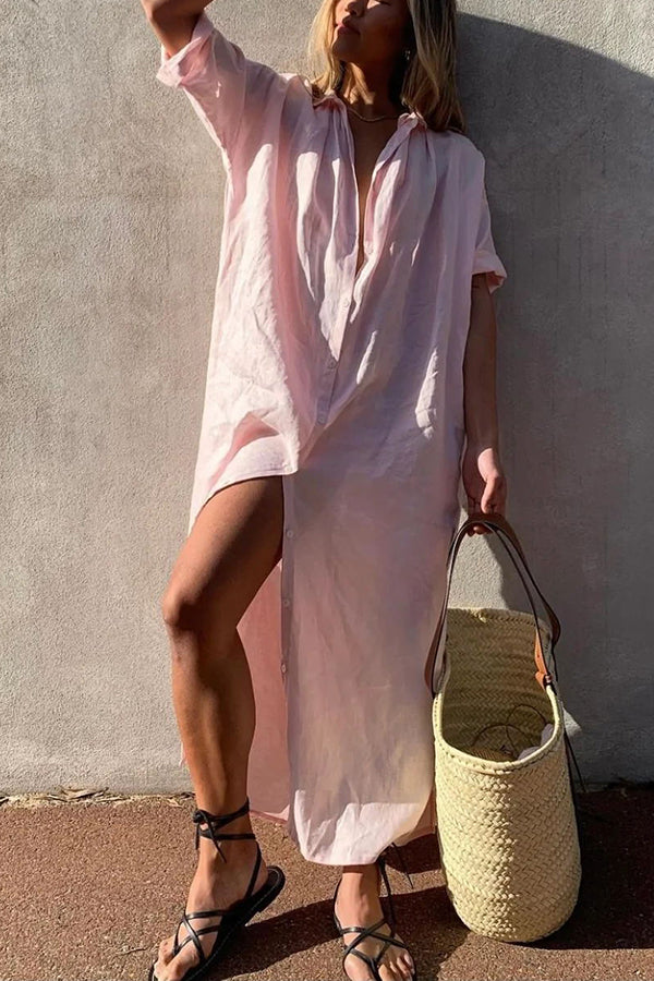 Abito midi da donna stile camicia, taglio ampio, colletto classico, maniche corte