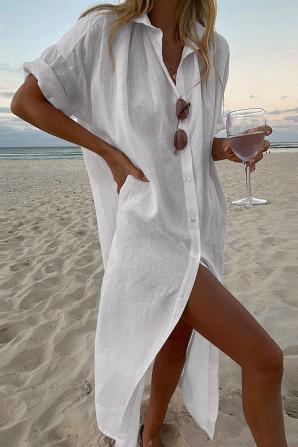 Abito midi da donna stile camicia, taglio ampio, colletto classico, maniche corte