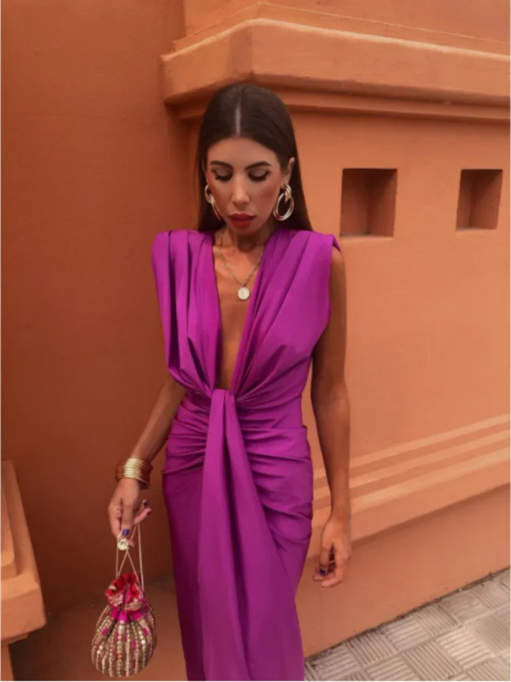 Abito midi donna scollatura a V profonda drappeggiato con spacco Spalle strutturate