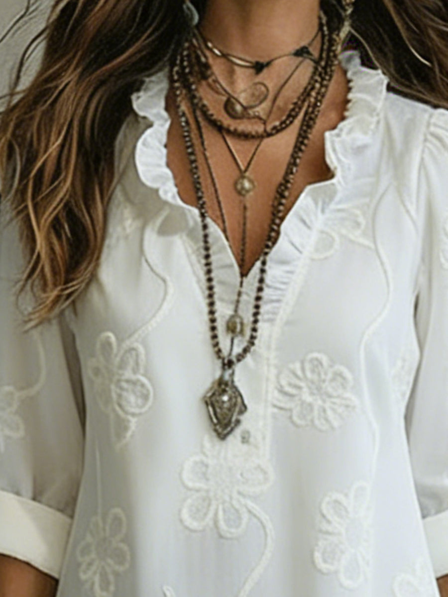 Vestito lungo da donna collo con volant ricamo floreale maniche arrotolabili