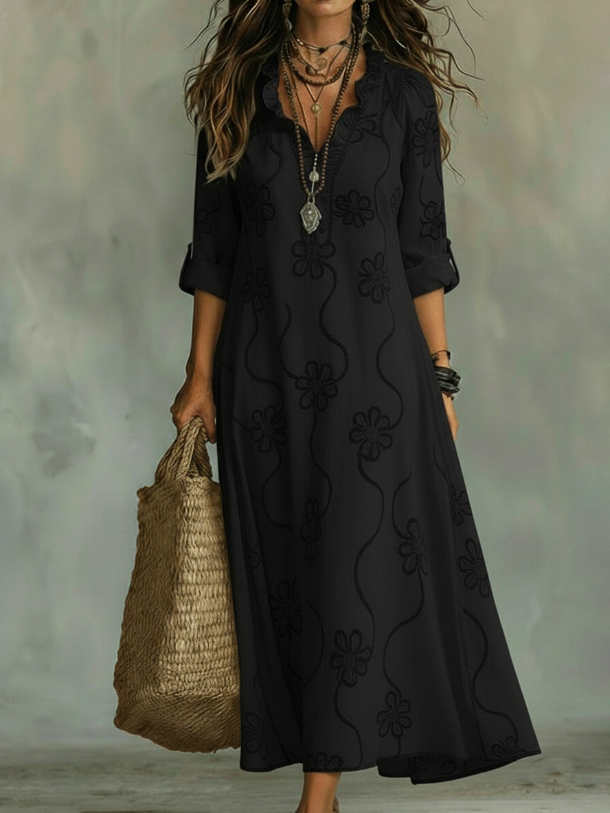 Vestito lungo da donna collo con volant ricamo floreale maniche arrotolabili