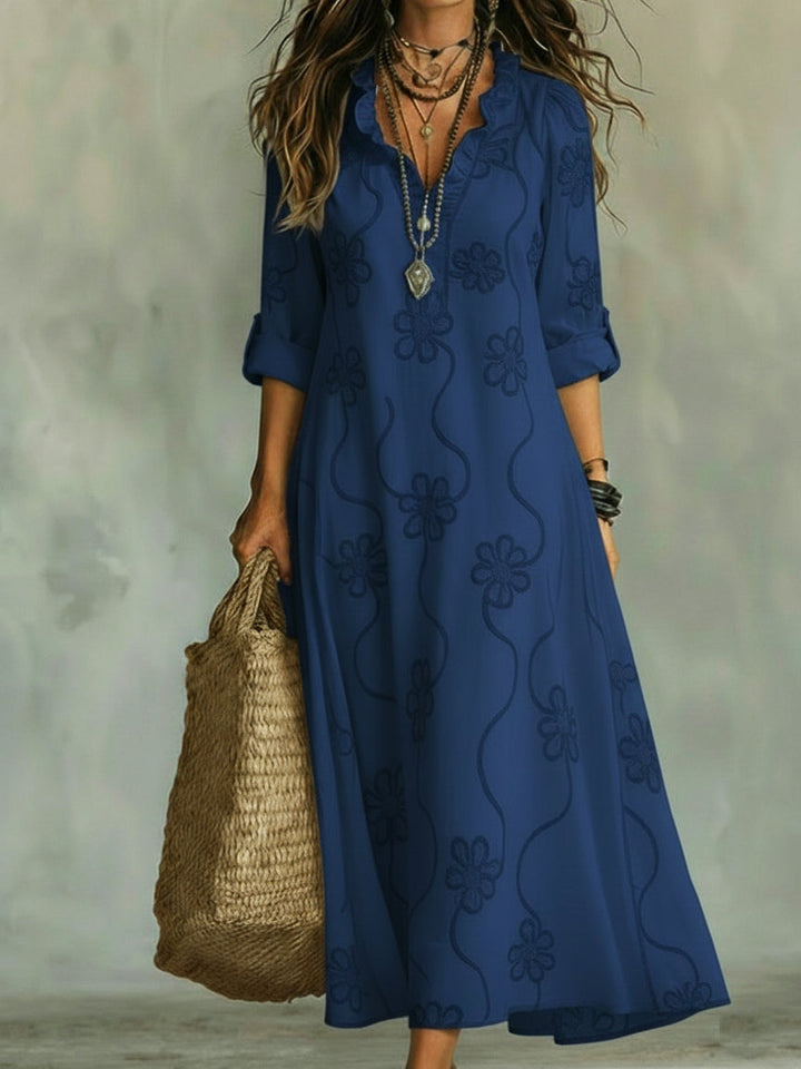 Vestito lungo da donna collo con volant ricamo floreale maniche arrotolabili