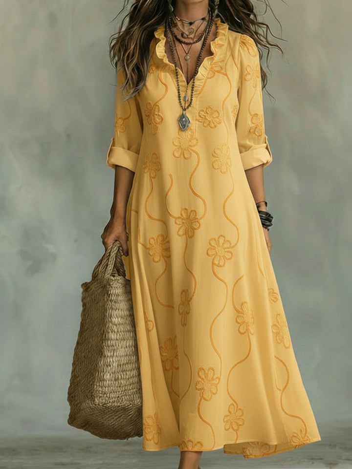 Vestito lungo da donna collo con volant ricamo floreale maniche arrotolabili