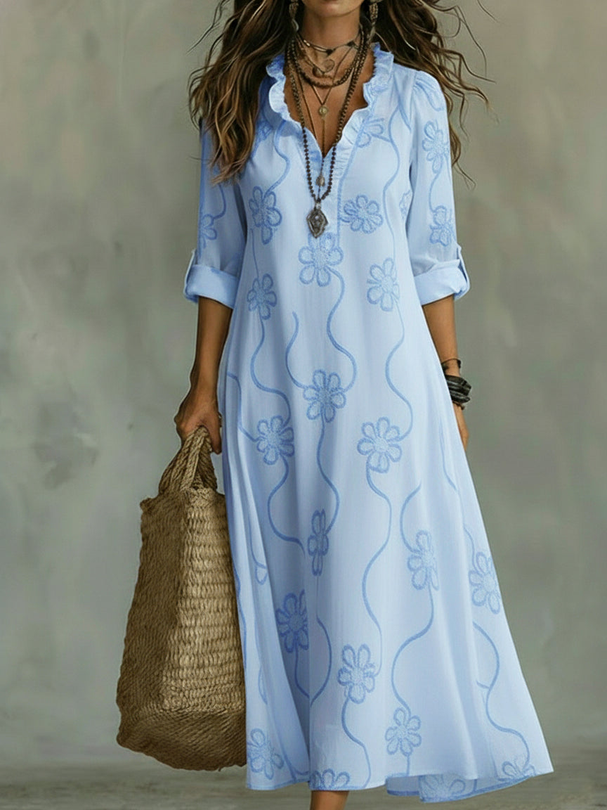 Vestito lungo da donna collo con volant ricamo floreale maniche arrotolabili