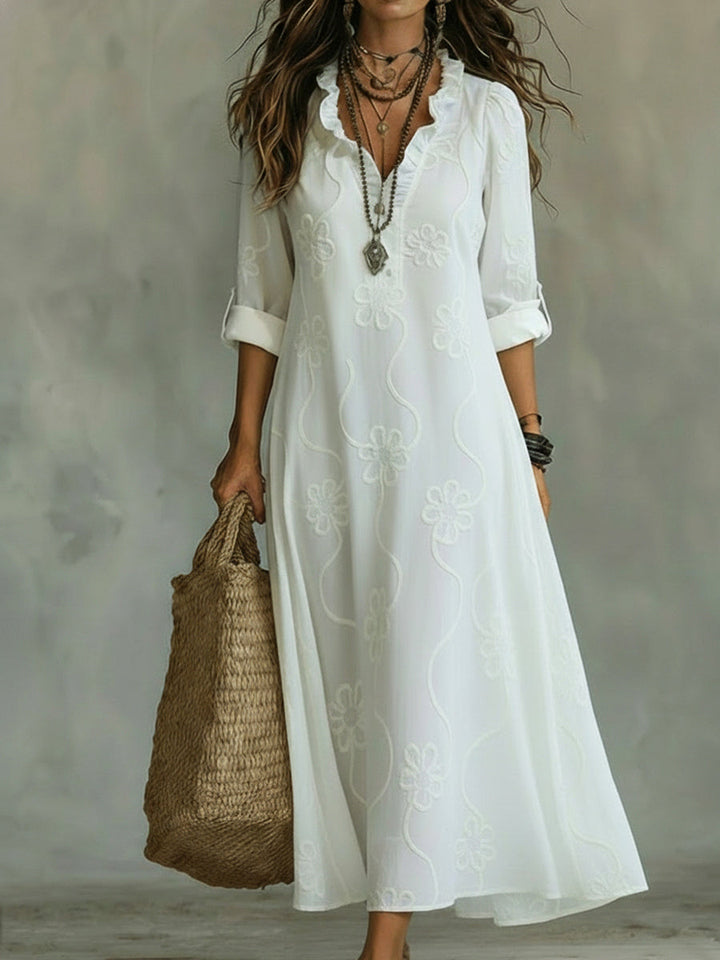 Vestito lungo da donna collo con volant ricamo floreale maniche arrotolabili