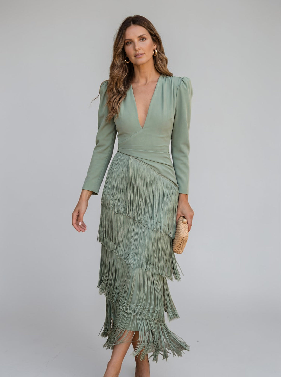 Abito midi da donna con scollo a V, vita drappeggiata, frange a livelli