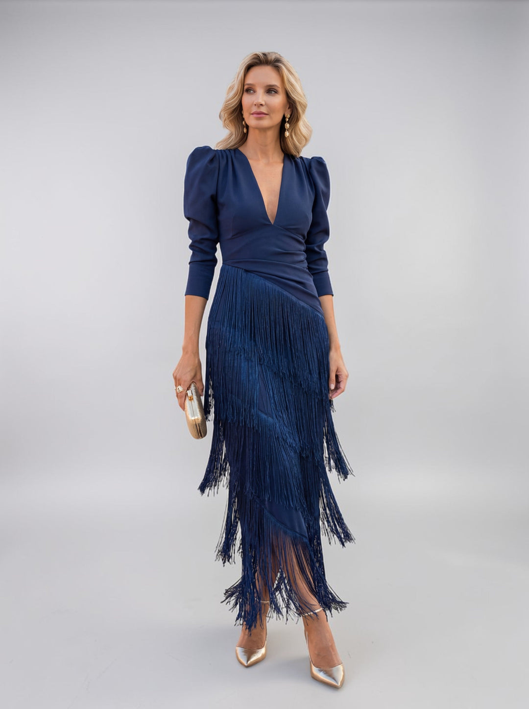 Abito midi da donna con scollo a V, vita drappeggiata, frange a livelli