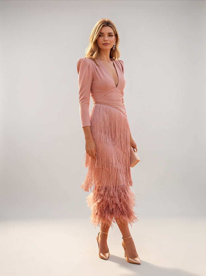 Abito midi da donna con scollo a V, vita drappeggiata, frange a livelli
