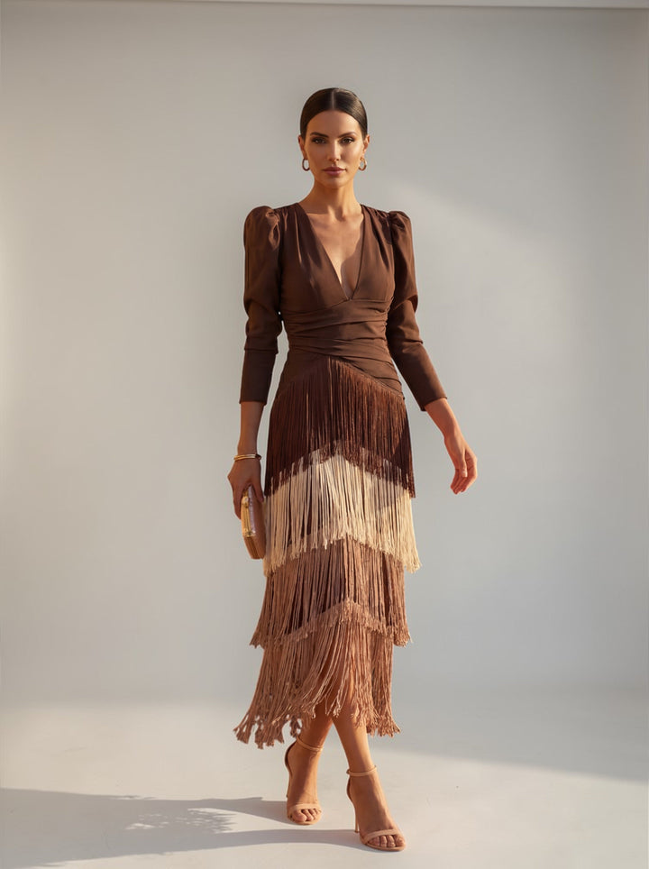 Abito midi da donna con scollo a V, vita drappeggiata, frange a livelli