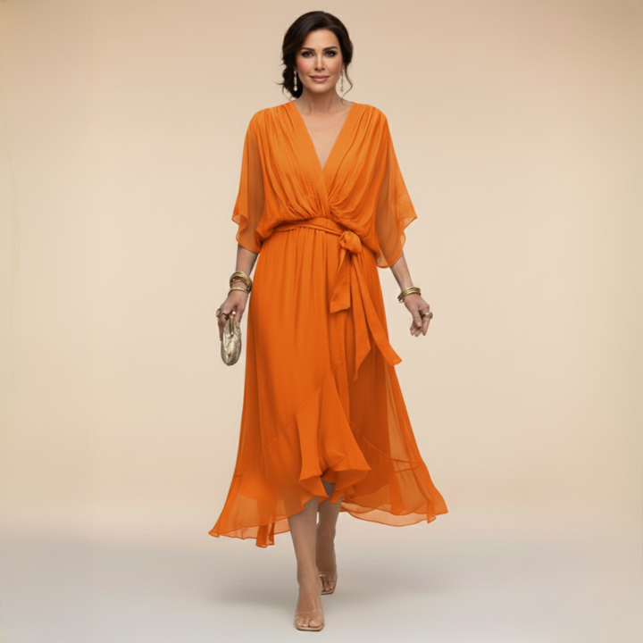 Abito midi da donna scollo a V maniche fluide vita con cintura orlo con volant