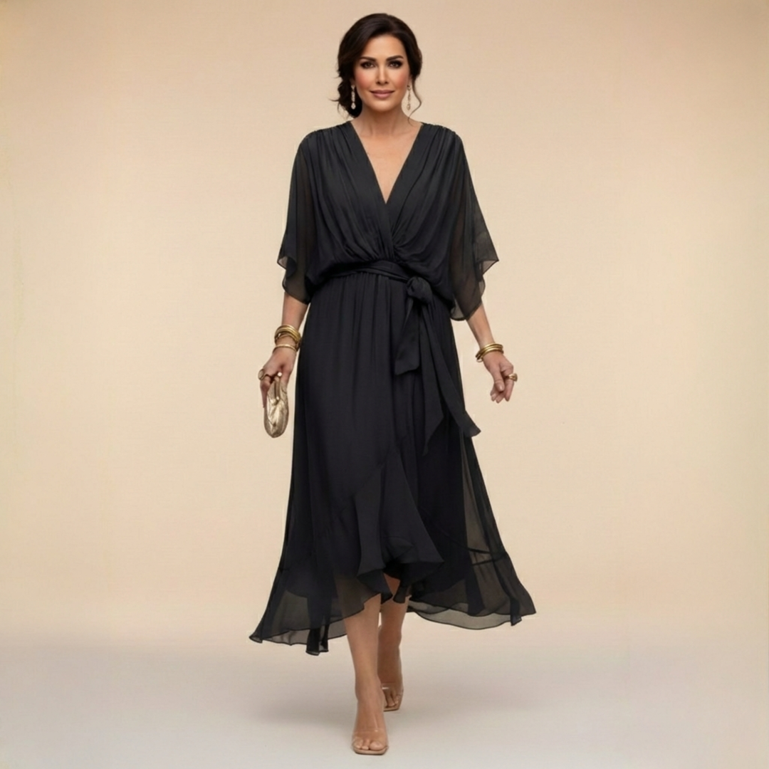 Abito midi da donna scollo a V maniche fluide vita con cintura orlo con volant