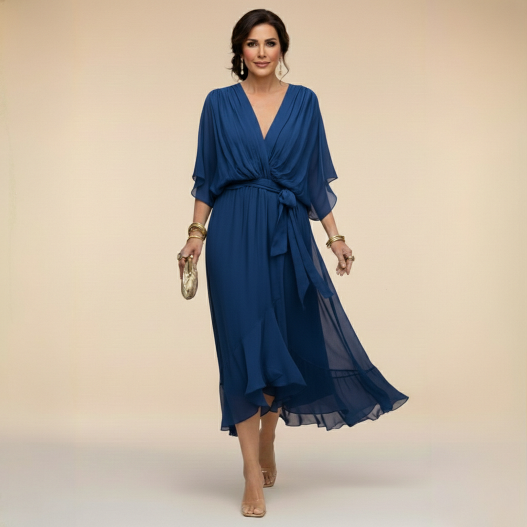 Abito midi da donna scollo a V maniche fluide vita con cintura orlo con volant