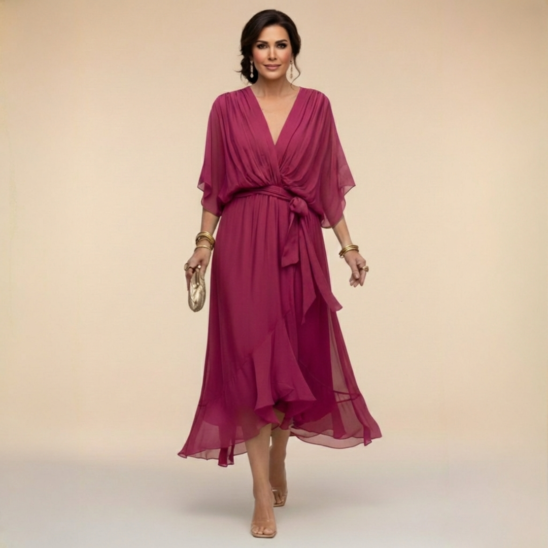 Abito midi da donna scollo a V maniche fluide vita con cintura orlo con volant
