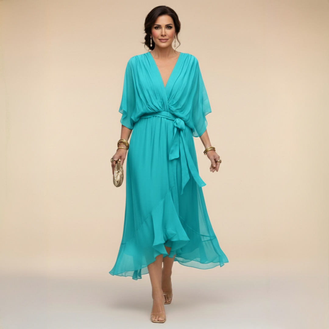 Abito midi da donna scollo a V maniche fluide vita con cintura orlo con volant