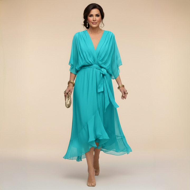 Abito midi da donna scollo a V maniche fluide vita con cintura orlo con volant