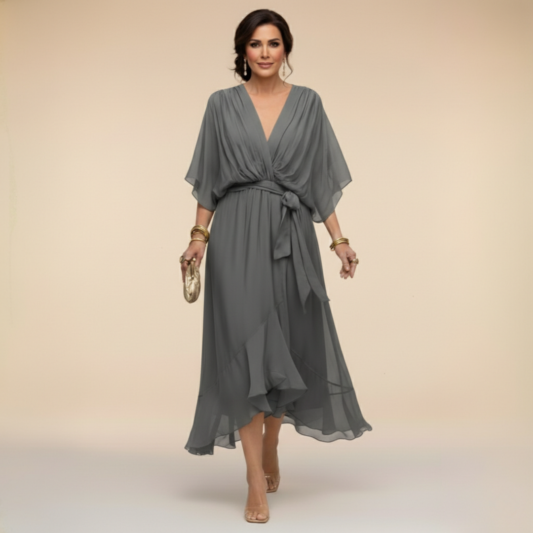 Abito midi da donna scollo a V maniche fluide vita con cintura orlo con volant