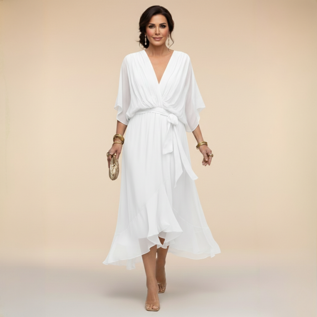 Abito midi da donna scollo a V maniche fluide vita con cintura orlo con volant