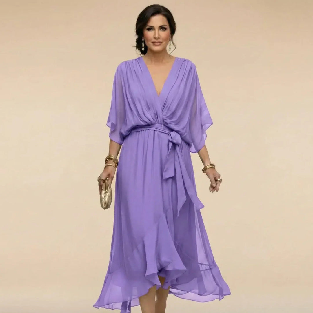 Abito midi da donna scollo a V maniche fluide vita con cintura orlo con volant