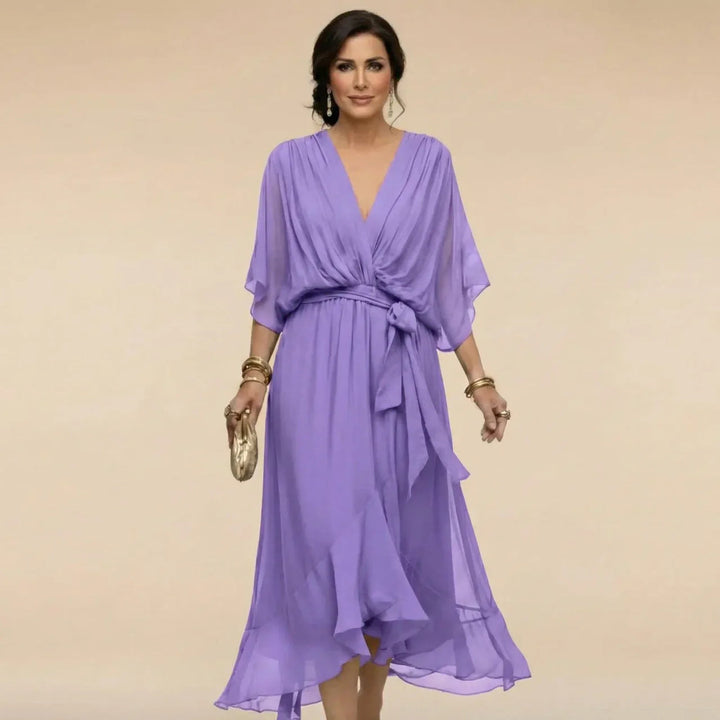 Abito midi da donna scollo a V maniche fluide vita con cintura orlo con volant