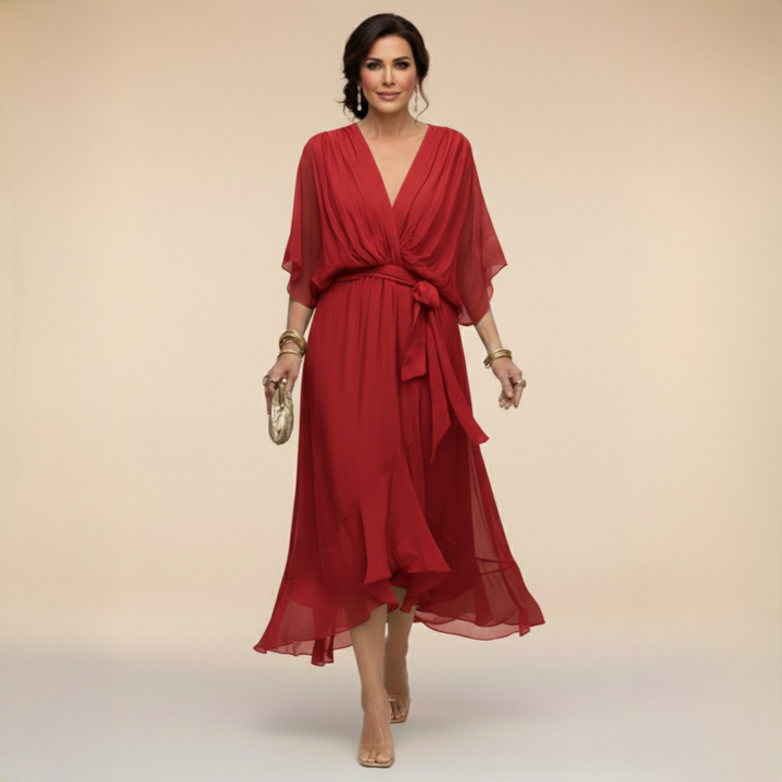 Abito midi da donna scollo a V maniche fluide vita con cintura orlo con volant