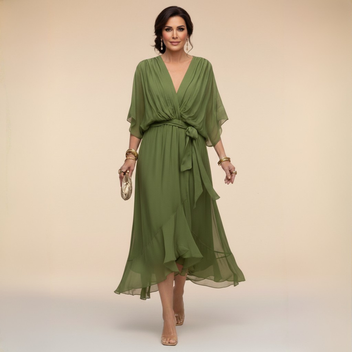 Abito midi da donna scollo a V maniche fluide vita con cintura orlo con volant