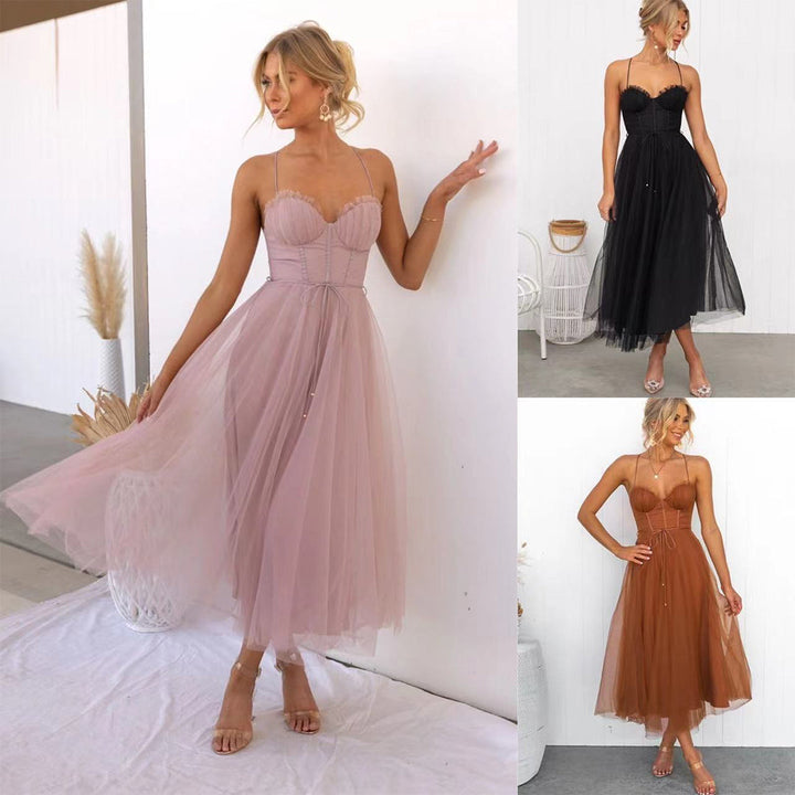 Abito midi donna spalline sottili vita effetto corsetto gonna in tulle bustier