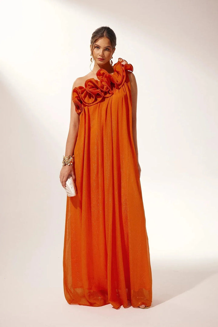 Vestito lungo donna arancione monospalla volant scolpiti