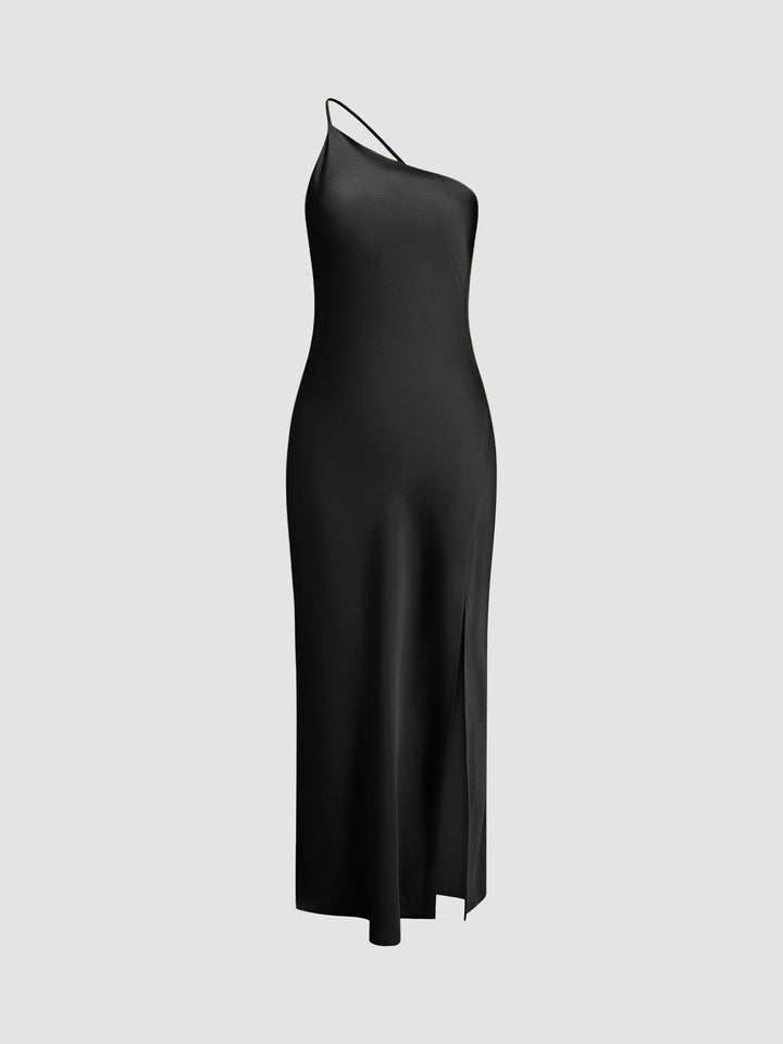 Abito midi da donna a taglio asimmetrico, schiena scoperta, spallina sottile, spacco