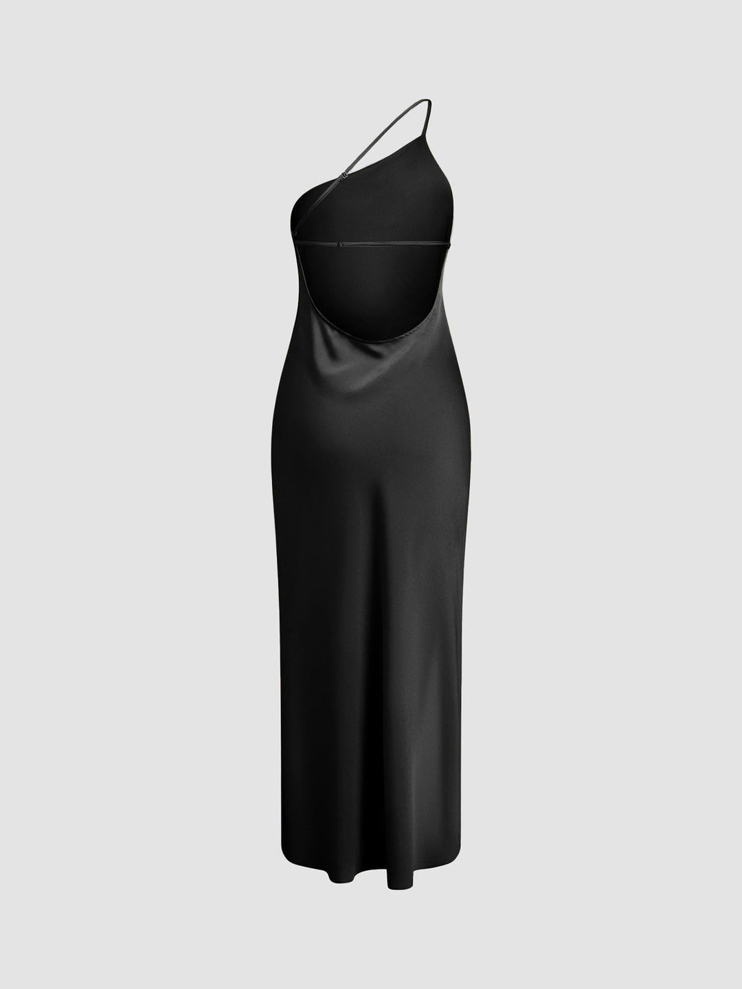 Abito midi da donna a taglio asimmetrico, schiena scoperta, spallina sottile, spacco