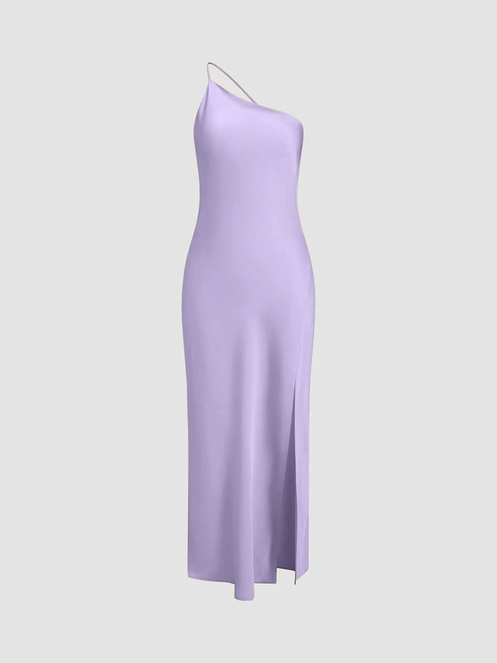Abito midi da donna a taglio asimmetrico, schiena scoperta, spallina sottile, spacco