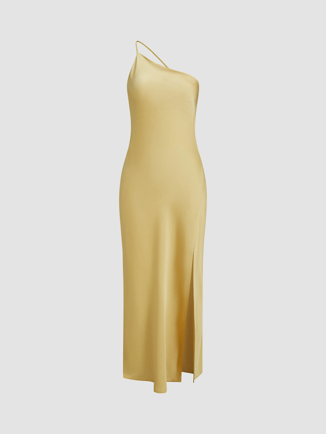 Abito midi da donna a taglio asimmetrico, schiena scoperta, spallina sottile, spacco